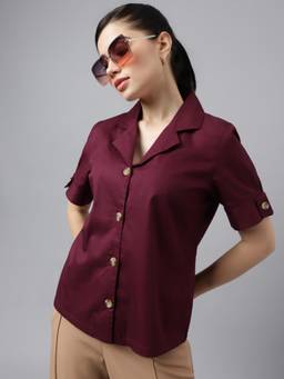 Hancock - Women Maroon Solid Pure Cotton Regular Fit Formal Shirt