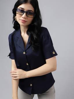 Hancock - Women Navy Blue Solid Pure Cotton Regular Fit Formal Shirt