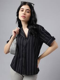Hancock - Women Black Stripe Pure Cotton Regular Fit Formal Shirt