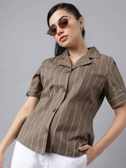 Hancock - Women Olive Stripe Pure Cotton Regular Fit Formal Shirt
