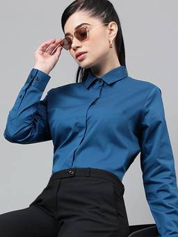 Hancock - Women Blue Smart Opaque Cotton Casual Shirt