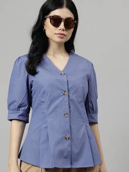 Hancock - Women Blue Solid V-Neck Pure Cotton Pleated Formal Shirt