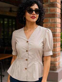 Hancock - Women Light Grey Pleated Pure Cotton Formal Shirt
