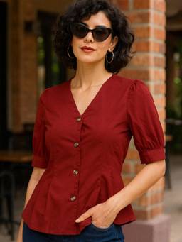 Hancock - Women Maroon Pleated Pure Cotton Formal Shirt