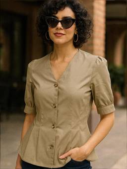 Hancock - Women Olive Green Pure Cotton Pleated Formal Shirt