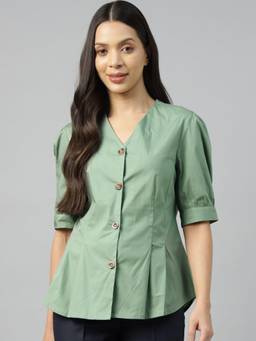 Hancock - Women Olive Green Solid Pure Cotton Regular Fit Formal Shirt