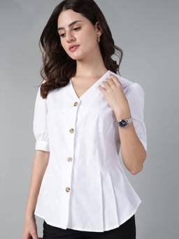 Hancock - Women White V-Neck Pleated Pure Cotton Regular Fit Formal Shirt