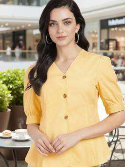 Hancock - Women Yellow Pleated Pure Cotton Formal Shirt