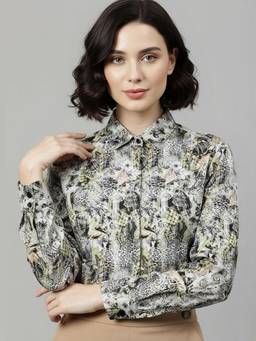 Hancock - Women Green Digital Print Pure Cotton Regular Fit Formal Shirt