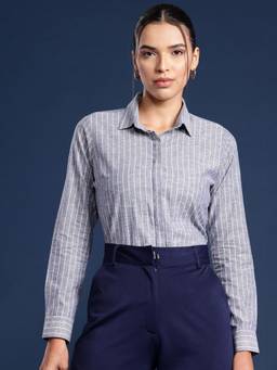 Hancock - Women Grey Stripes Pure Cotton Formal Shirt