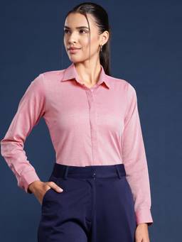 Hancock - Women Pink Solid Dobby Pure Cotton Formal Shirt