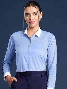 Hancock - Women Blue Solid Chambray Pure Cotton Formal Shirt