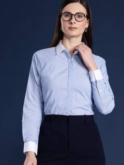 Hancock - Women Blue Solid Chambray Pure Cotton Formal Shirt