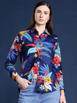 Hancock - Women Navy Blue Printed Pure Cotton Boyfriend Fit Casual Shirt