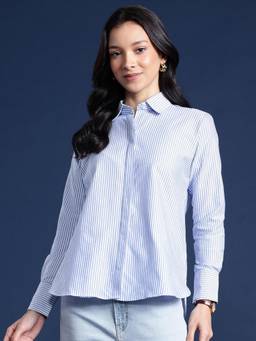 Hancock - Women Blue Stripes Pure Cotton Boyfriend Fit Formal Shirt