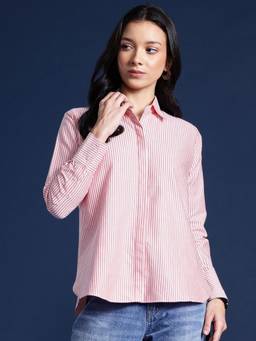 Hancock - Women Pink Stripes Pure Cotton Boyfriend Fit Formal Shirt