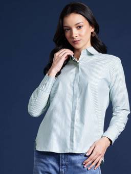 Hancock - Women Green Stripes Pure Cotton Boyfriend Fit Formal Shirt