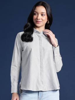 Hancock - Women Grey Stripes Pure Cotton Boyfriend Fit Formal Shirt