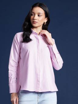 Hancock - Women Pink Stripes Pure Cotton Boyfriend Fit Formal Shirt