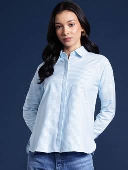 Hancock - Women Blue Stripes Pure Cotton Boyfriend Fit Formal Shirt
