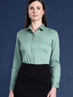 Hancock - Women Green Solid Pure Cotton Stretchable Wrinkle Free Formal Shirt