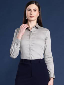 Hancock - Women Grey Solid Pure Cotton Stretchable Wrinkle Free Formal Shirt