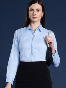 Hancock - Women Blue Solid Pure Cotton Stretchable Wrinkle Free Formal Shirt