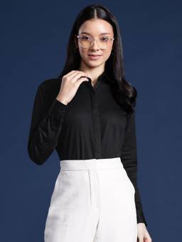 Hancock - Women Black Solid Cotton Satin Stretchable Wrinkle Free Formal Shirt
