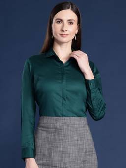 Hancock - Women Green Solid Cotton Satin Stretchable Wrinkle Free Formal Shirt
