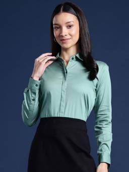 Hancock - Women Green Solid Cotton Satin Stretchable Wrinkle Free Formal Shirt