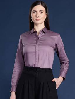 Hancock - Women Purple Solid Cotton Satin Stretchable Wrinkle Free Formal Shirt