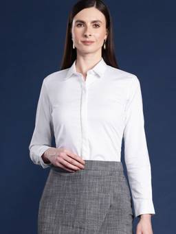 Hancock - Women White Solid Cotton Satin Stretchable Wrinkle Free Formal Shirt