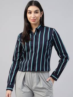 Hancock - Women Navy Blue Striped Pure Cotton Formal Shirt