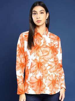 Hancock - Women Orange Floral Printed Pure Cotton Boyfriend Fit Casual Shirt