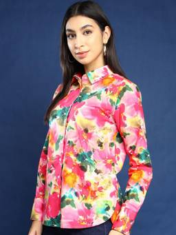 Hancock - Women Pink Floral Printed Pure Cotton Boyfriend Fit Casual Shirt