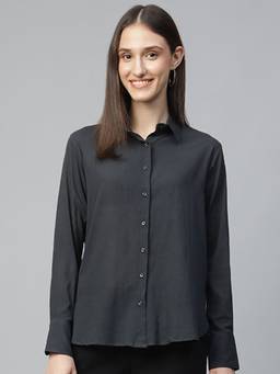Hancock - Women Grey Solid Pure Cotton Relaxed Fit Formal Shirt