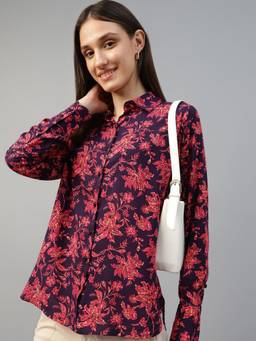 Hancock - Women Purple Printed Viscose Rayon Relaxed Fit Formal Shirt