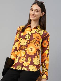 Hancock - Women Maroon & Mustard Printed Viscose Rayon Relaxed Fit Casual Shirt