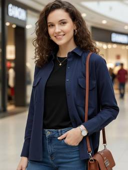 Hancock - Women Navy Blue Solid Pure Cotton Relaxed Fit Casual Shirt