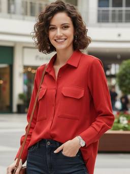 Hancock - Women Red Solid Pure Cotton Relaxed Fit Casual Shirt