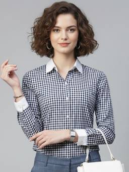 Hancock - Women Navy Blue Checked Pure Cotton Regular Fit Formal Shirt