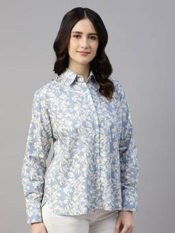 Hancock - Women Bluish Floral Printed Linen Blend Relaxed Fit Casual Shirt