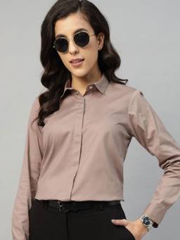 Hancock - Women Camel Brown Solid Pure Cotton Formal Shirt