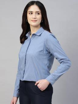 Hancock - Women Blue Striped Pure Cotton Stretchable Formal Shirt