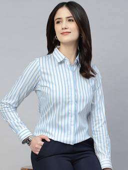 Hancock - Women White Vertical Striped Pure Cotton Stretchable Formal Shirt