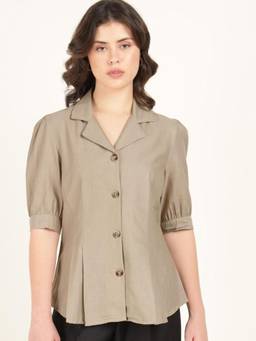 Hancock - Women Beige Solid Pleated Oxford Weave Pure Cotton Formal Shirt