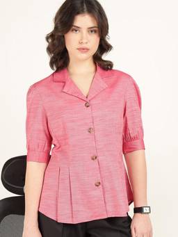 Hancock - Women Coral Solid Pleated Oxford Weave Pure Cotton Formal Shirt
