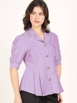 Hancock - Women Lavender Solid Pleated Oxford Weave Pure Cotton Formal Shirt