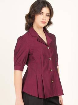 Hancock - Women Maroon Solid Pleated Oxford Weave Pure Cotton Formal Shirt