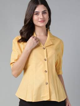 Hancock - Women Mustard Solid Pleated Pure Cotton Regular Fit Formal Shirt